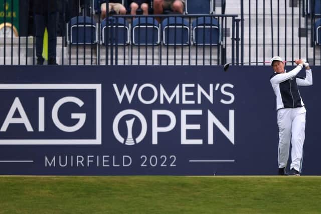 Catriona Matthew hits the historic first shot in the AIG Women's Open at Muirfield. Picture: Charlie Crowhurst/Getty Images.