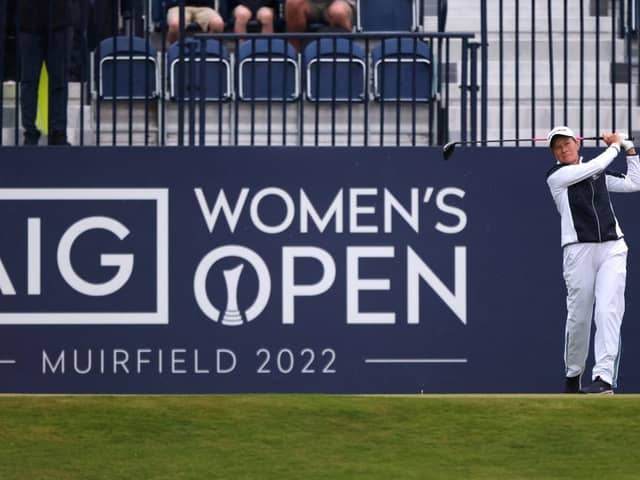 Catriona Matthew hits the historic first shot in the AIG Women's Open at Muirfield. Picture: Charlie Crowhurst/Getty Images.