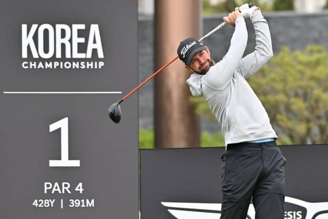 Scott Jamieson in actin on a weather-hit third day at Jack Nicklaus Golf Club Korea in Incheon. Picture: Jung Yeon-Je/AFP via Getty Images.