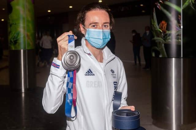 Scottish athlete Laura Muir arrives back home after winning a silver medal at the Tokyo Olympics, at Edinburgh Airport, on August 08, 2021, in Edinburgh, Scotland. (Photo by Mark Scates / SNS Group)