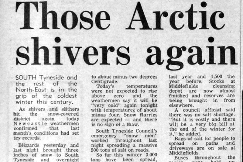 Early 1970 saw freezing temperatures which were being tackled with three times the level of salt on the roads than the previous year, according to this Shields Gazette front page story.