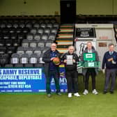 Football Memories Scotland’s Richard McBrearty, project participant Mike Tommy Ellis, Colin Hendry, Bill Machray and Elgin City FC’s Dominic Barstow.