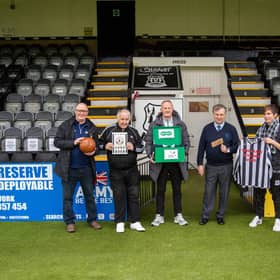 Football Memories Scotland’s Richard McBrearty, project participant Mike Tommy Ellis, Colin Hendry, Bill Machray and Elgin City FC’s Dominic Barstow.