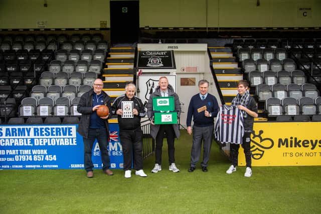 Football Memories Scotland’s Richard McBrearty, project participant Mike Tommy Ellis, Colin Hendry, Bill Machray and Elgin City FC’s Dominic Barstow.