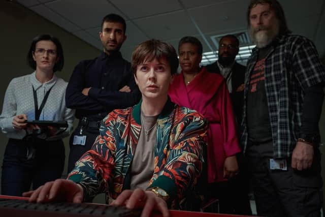 Alexandra Roach fighting back against cyber criminals who have hackjacked a train in BBC's Nightsleeper. Pic: BBC