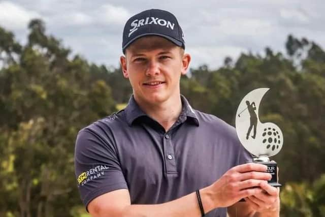 Edinburgh man KIeran Cantley shows off the trophy after winning the Optilink Classic on the PT Tour in Portugal. Picture: PT Tour