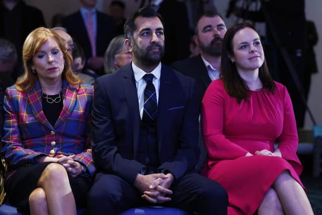Ash Regan, left, Humza Yousaf and Kate Forbes pictured awaiting the results of the SNP leadership vote at Murrayfield in March 2023 (Picture: Jeff J Mitchell/Getty Images)