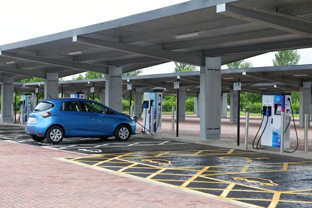 An electric vehicle charging hub at the Falkirk Stadium. The plug-in points are powered by renewable energy sourced from solar panel canopies
