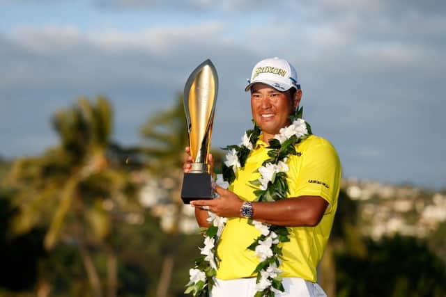 Hideki Matsuyama celebrates winning the Sony Open after beating American Russell Henley in a play-off in Hawaii. Picture: Cliff Hawkins/Getty Images.