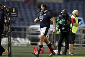 Scotland's Zander Fagerson leaves the field after being shown a red card against Wales. Picture: Jane Barlow/PA Wire