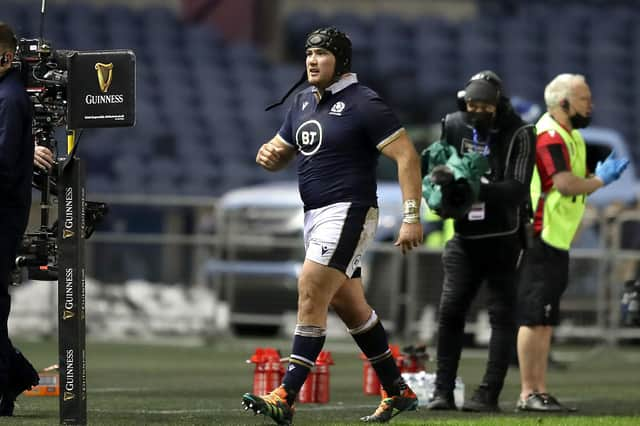 Scotland's Zander Fagerson leaves the field after being shown a red card against Wales. Picture: Jane Barlow/PA Wire