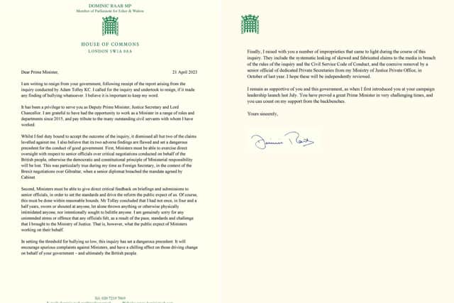 Image taken from the Twitter feed of Dominic Raab of his resignation letter dated 21/04/23 sent to Prime Minister Rishi Sunak.