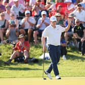 Bob MacIntyre reacts after holing an eagle putt on the 18th green in the final round of the 106th PGA Championship at Valhalla Golf Club in Louisville, Kentucky. Picture: Michael Reaves/Getty Images.