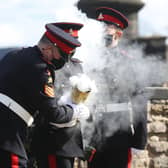 Members of the 105th Regiment Royal Artillery fire a 41-round gun salute at Edinburgh Castle, to mark the death of the Duke of Edinburgh.