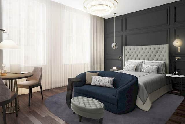 A bedroom at the newly-opened luxury LaSalle Chicago on South LaSalle Street, a boutique Marriott hotel with lashings of style.