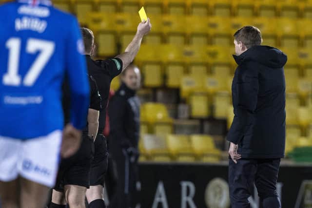 Referee John Beaton shows Steven Gerrard a red card during a Scottish Premiership match between Livingston and Rangers at The Tony Macaroni Arena, on March 03, 2021, in Livingston, Scotland. (Photo by Alan Harvey / SNS Group)