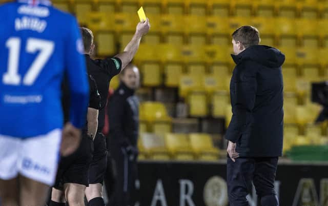 Referee John Beaton shows Steven Gerrard a red card during a Scottish Premiership match between Livingston and Rangers at The Tony Macaroni Arena, on March 03, 2021, in Livingston, Scotland. (Photo by Alan Harvey / SNS Group)