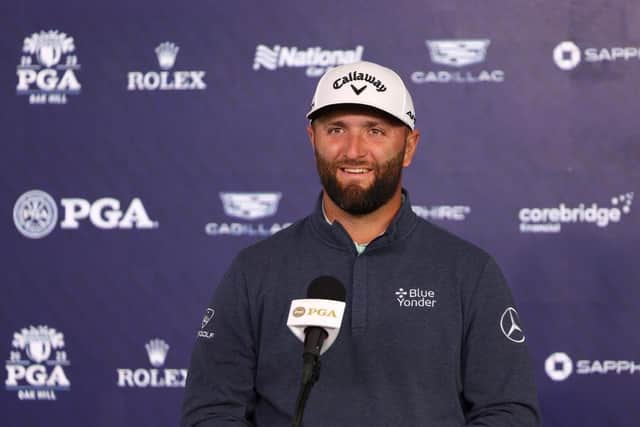 A smiling Jon Rahm speaks to the media during a press conference prior to the 2023 PGA Championship at Oak Hill Country Club in Rochester, New York. Picture: Andrew Redington/Getty Images.