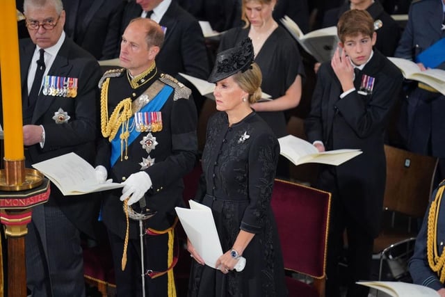 Prince Andrew, Prince Edward, Earl of Wessex, Sophie, Countess of Wessex and James, Viscount Severn during the State Funeral of Queen Elizabeth II, held at Westminster Abbey.