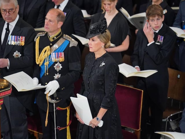 Prince Andrew, Prince Edward, Earl of Wessex, Sophie, Countess of Wessex and James, Viscount Severn during the State Funeral of Queen Elizabeth II, held at Westminster Abbey.
