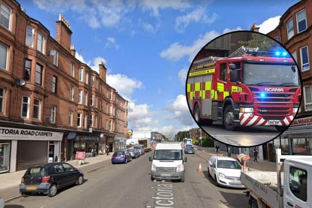 Victoria Road in Glasgow was closed by Police Scotland last night after emergency services were called to a building fire.