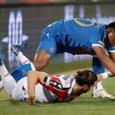 Rangers striker Alfredo Morelos tussles with Red Star Belgrade defender Aleksandar Dragovic during the Europa League match in Serbia on Thursday. (Photo by Alex Pantling/Getty Images)