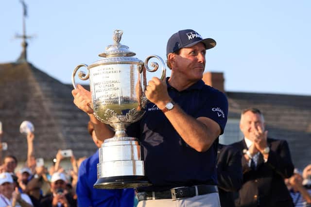 Phil Mickelson celebrates with the Wanamaker Trophy after winning the 2021 PGA Championship held at Kiawah Island. Picture: Sam Greenwood/Getty Images.