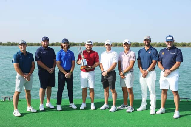 Defending Abu Dhabi HSBC champion Tyrrell Hatton, centre, is flanked, from left, by Viktor Hovland, Shane Lowry, Tommy Fleetwood, Rory McIlroy, Collin Morikawa, Adam Scott and Lee Westwood in the build up to this week's event at Yas Links. Picture: Andrew Redington/Getty Images.