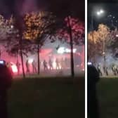 A video has shown the moment riot police were attacked with fireworks in Niddrie.