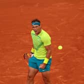 Rafael Nadal of Spain reacts against Felix Auger-Aliassime of Canada during the Men's Singles Fourth Round match on Day 8 of The 2022 French Open at Roland Garros on May 29, 2022 in Paris, France. (Photo by Adam Pretty/Getty Images)