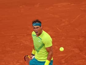 Rafael Nadal of Spain reacts against Felix Auger-Aliassime of Canada during the Men's Singles Fourth Round match on Day 8 of The 2022 French Open at Roland Garros on May 29, 2022 in Paris, France. (Photo by Adam Pretty/Getty Images)