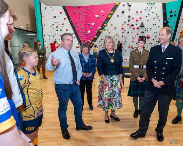 The Duke of Edinburgh was impressed by the bouldering wall and spoke with a number of groups who use the various facilities at Inverurie Community Campus