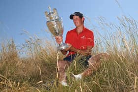 South African Christo Lamprecht gazes at the trophy after winning the 128th Amateur Championship at Hillside. Picture: The R&A