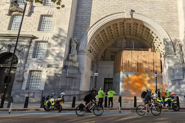 Handout photo issued by Just Stop Oil of the the MI5 building in London which has been sprayed with paint by Just Stop Oil protesters. Picture date: Monday October 31, 2022.