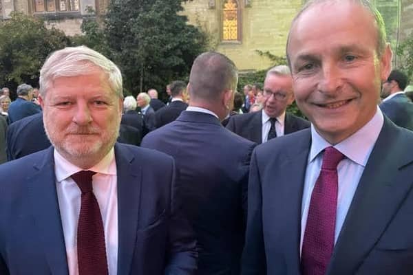 Scotland's External Affairs Secretary Angus Robertson meets Irish Taoiseach Micheál Martin at the  British-Irish Association at Oxford University, with UK Cabinet minister Michael Gove in the background (Picture courtesy of Angus Robertson)
