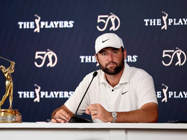 Scottie Scheffler speaks to the media after winning The Players Championship at TPC Sawgrass in Ponte Vedra Beach, Florida. Picture: Jared C. Tilton/Getty Images.