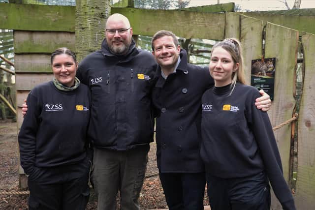 Dermot with some of the Saving Wildcats team (R-L) Sandra Rainey, David Barclay and Estelle Morgan at the Highland Wildlife Park.