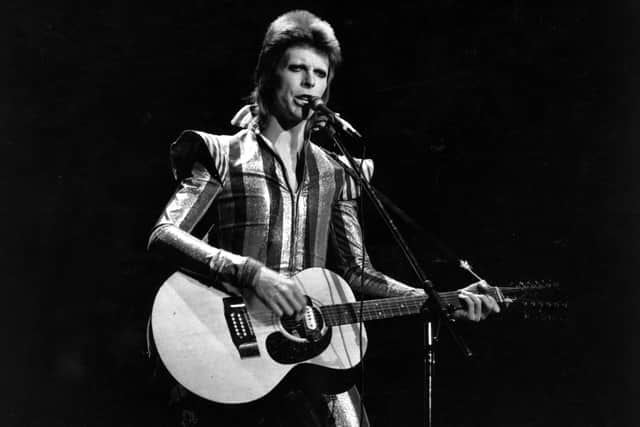 David Bowie on stage as Ziggy Stardust in 1973