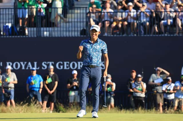 Collin Morikawa celebrates after his putt on the 18th hole to win the 149th Open at Royal St George’s in Kent. Picture: Chris Trotman/Getty Images.