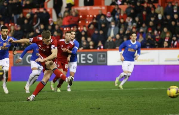 ABERDEEN, SCOTLAND - JANAURY 18: Aberdeen's Lewis Ferguson makes it 1-1 from the penalty spot during a Cinch Premiership match between Aberdeen and Rangers at Pittodrie, on January 18, 2022, in Aberdeen, Scotland. (Photo by Craig Williamson / SNS Group)