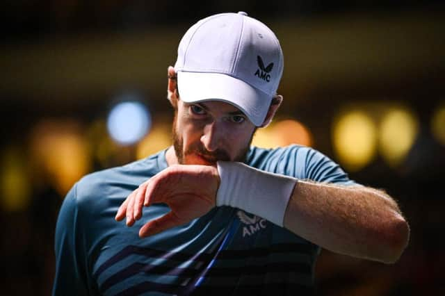 Andy Murray reacts as he is defeated by USA's Tommy Paul during the quarter-finals of the ATP Stockholm Open. (Photo by JONATHAN NACKSTRAND/AFP via Getty Images)