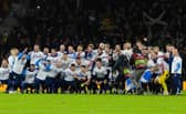 The Scotland team celebrate qualifying for Euro 2024 at full time after the 3-3 draw with Norway at Hampden. (Photo by Craig Williamson / SNS Group)