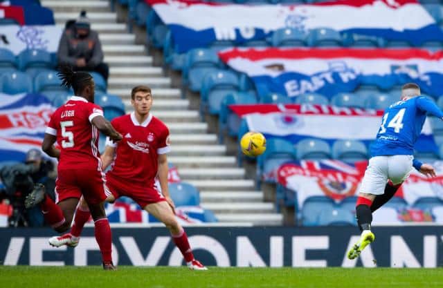 Ryan Kent fires Rangers into the lead against Aberdeen at Ibrox with a shot which deflected off defender Tommie Hoban. (Photo by Craig Foy / SNS Group)