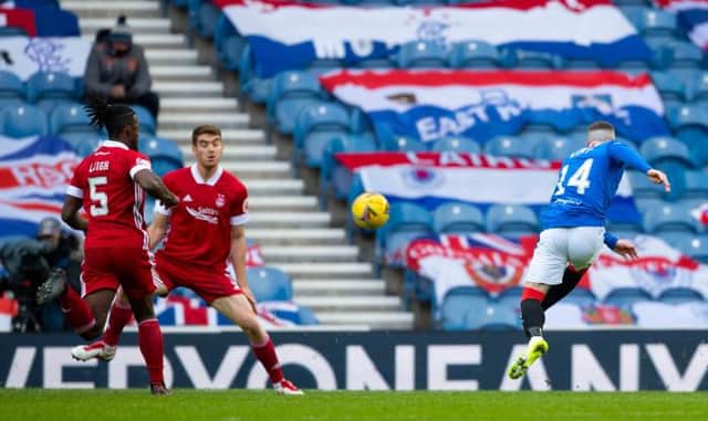 Ryan Kent fires Rangers into the lead against Aberdeen at Ibrox with a shot which deflected off defender Tommie Hoban. (Photo by Craig Foy / SNS Group)
