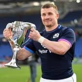 Edinburgh's Ben Vellacott with the Cuttitta Cup after earning his first Scotland cap in the Six Nations win over Italy in Rome. (Photo by Ross MacDonald / SNS Group)