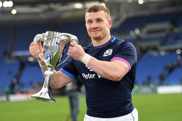 Edinburgh's Ben Vellacott with the Cuttitta Cup after earning his first Scotland cap in the Six Nations win over Italy in Rome. (Photo by Ross MacDonald / SNS Group)