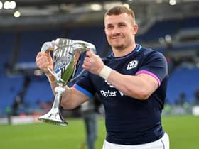Edinburgh's Ben Vellacott with the Cuttitta Cup after earning his first Scotland cap in the Six Nations win over Italy in Rome. (Photo by Ross MacDonald / SNS Group)