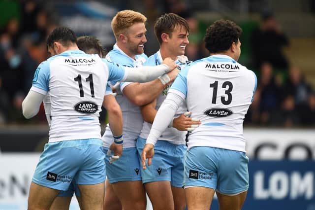Glasgow Warriors celebrate Ross Thompson's early try which set the tone for the win over the Sharks. Picture: Ross MacDonald/SNS