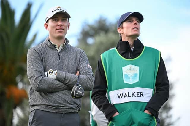 Euan Walker and his caddie Steven Devlin pictured during the third round of the Rolex Challenge Tour Grand Final supported by The R&A at Club de Golf Alcanada. Picture: Octavio Passos/Getty Images.