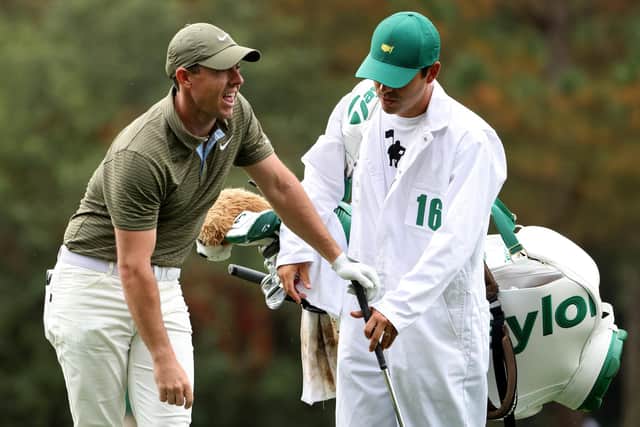 Rory McIlroy reacts to his second shot on the 15th hole during the continuation of the first round of the Masters at Augusta National. Picture: Jamie Squire/Getty Images